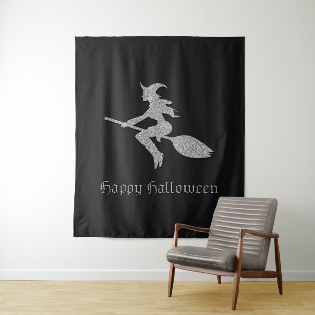Silver Flying Witch Halloween Photo Backdrop Tapestry (In Situ)