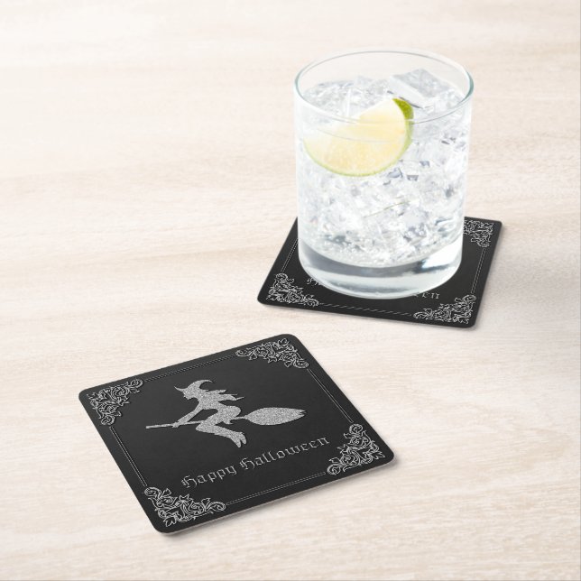 Silver Flying Witch Halloween Square Paper Coaster (Insitu)