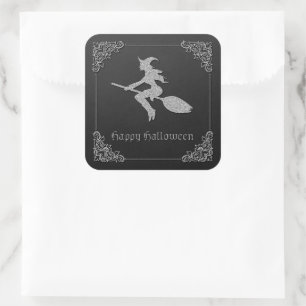 Silver Flying Witch Halloween Square Sticker