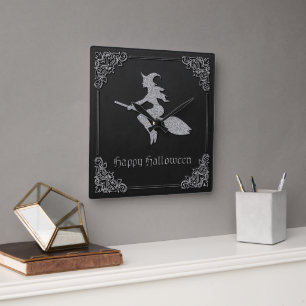 Silver Flying Witch Halloween Square Wall Clock