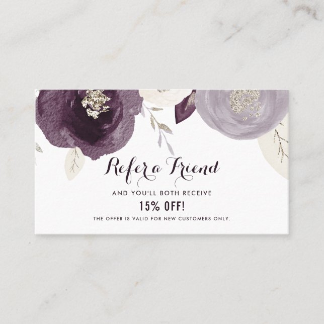 Silver Foil and Purple Flowers Chic Referral Card (Front)