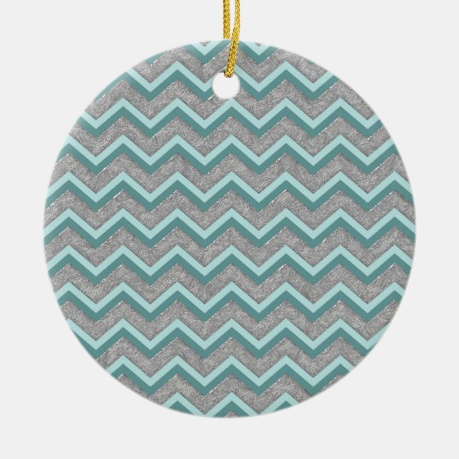 Silver Foil and Teal ZigZag Ceramic Tree Decoration (Front)