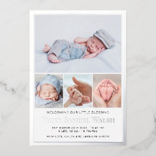 Silver Foil Baby Boy Birth Announcement Photo Card