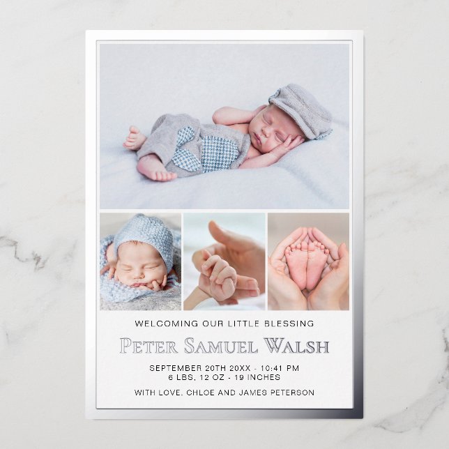 Silver Foil Baby Boy Birth Announcement Photo Card (Front)