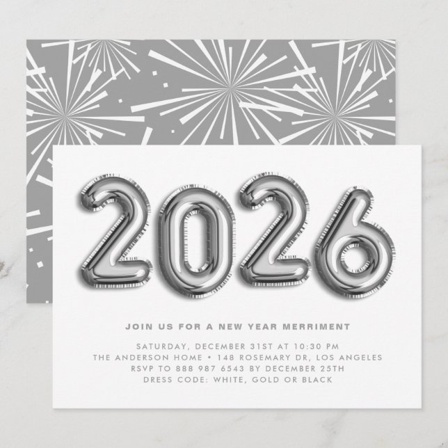Silver Foil Balloons New Year's Eve Party II Invitation (Front/Back)