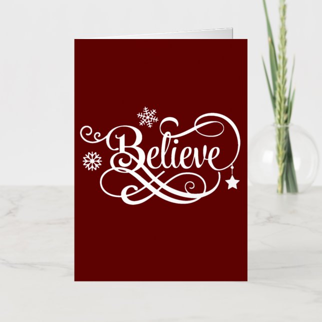 Silver Foil Believe Red Christmas Holiday Card (Front)