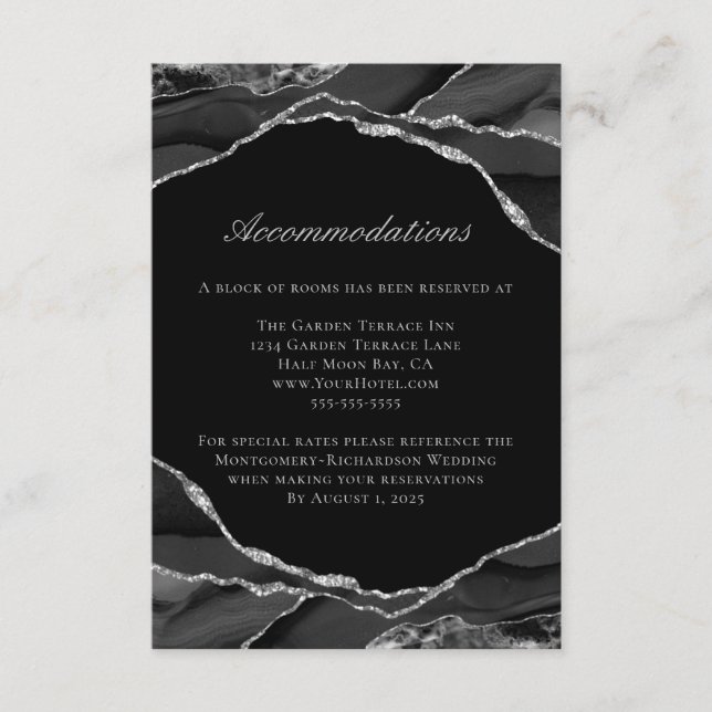 Silver Foil Black Agate Wedding Accommodations Enclosure Card (Front)