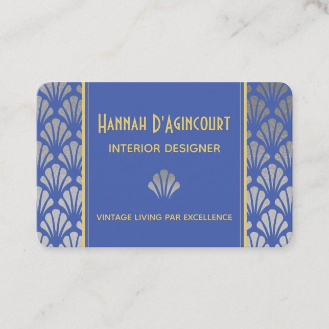 Silver Foil & Blue Art Deco Fans Pattern Chic Business Card (Front)