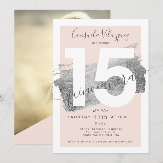 Silver foil brushstroke blush quinceanera photo invitation (Front/Back)