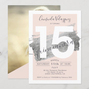 Silver foil brushstroke blush quinceanera photo invitation