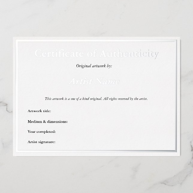  Silver Foil Certificate of Authenticity for Art (Front)