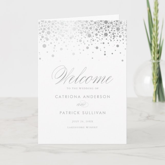 Silver Foil Confetti Dots White Wedding Booklet Programme (Front)