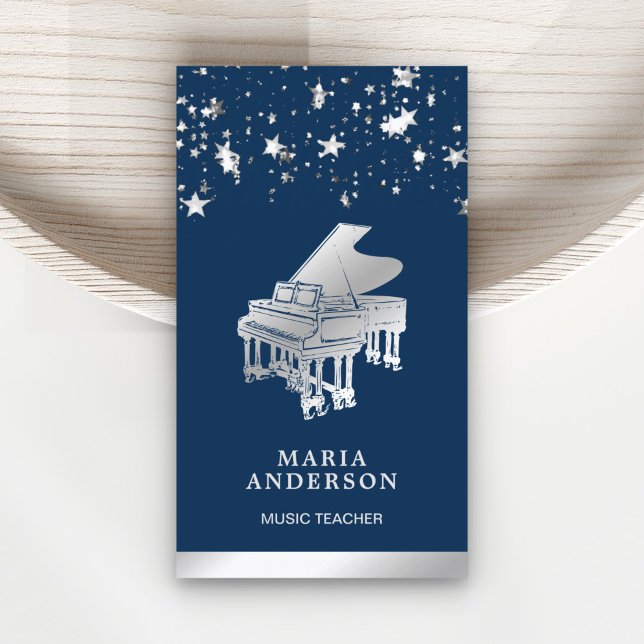 Silver Foil Confetti Grand Piano Musician Pianist Business Card (Creator Uploaded)