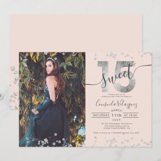 Silver foil confetti photo blush Quinceanera Invitation (Front/Back)