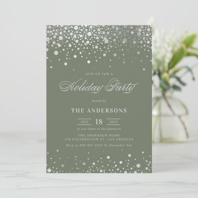 Silver Foil Confetti Taupe Green Holiday Party Invitation (Standing Front)