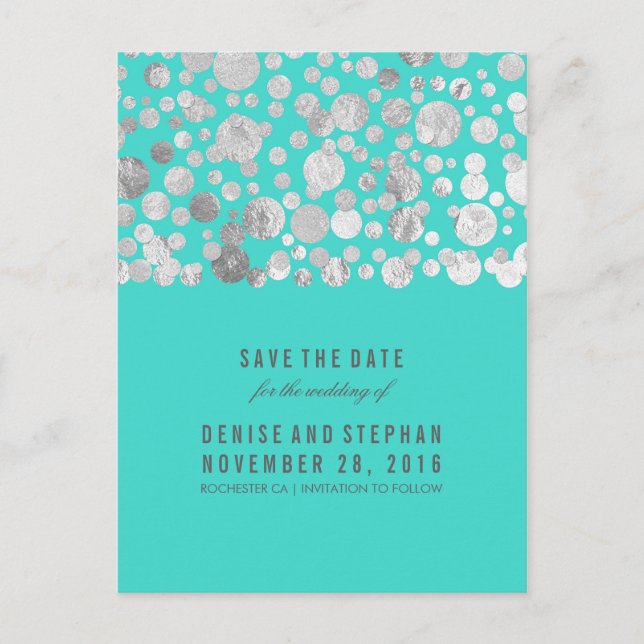 Silver Foil Confetti Teal Save the Date Announcement Postcard (Front)