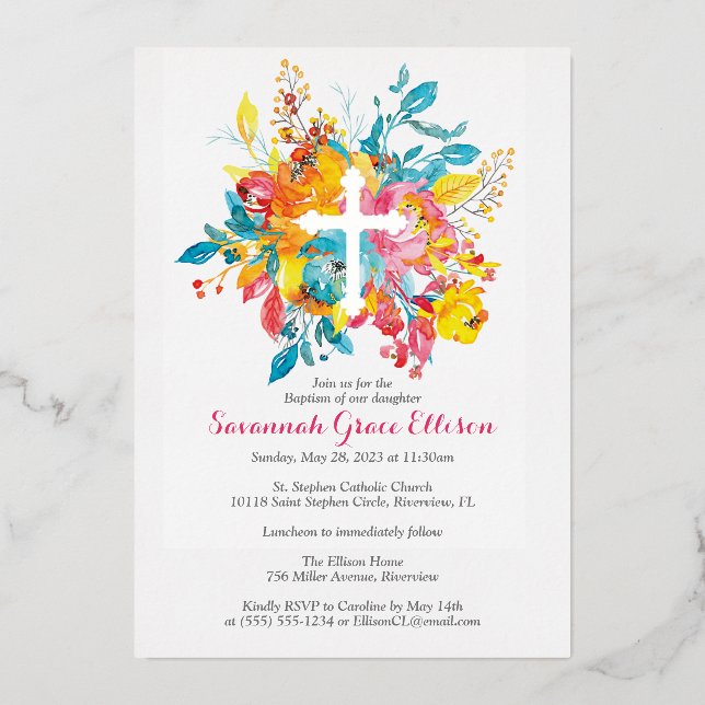 Silver Foil Cross with Watercolor Flowers Baptism (Front)