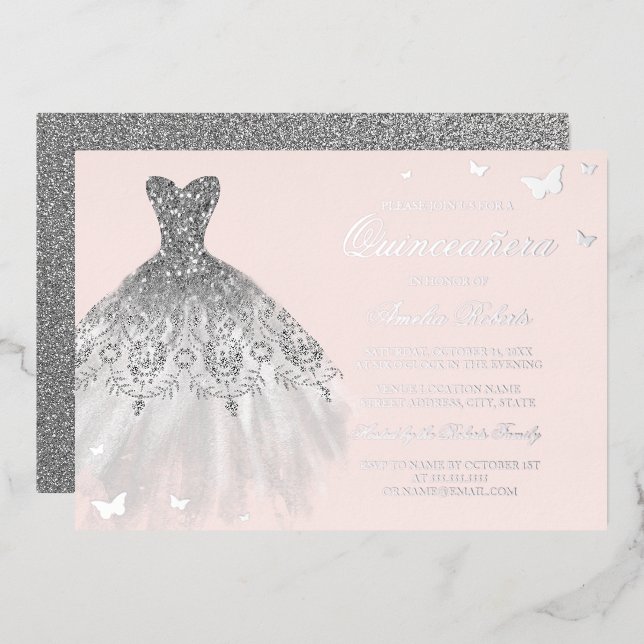 SILVER FOIL Dress Butterfly Quinceanera (Front/Back)