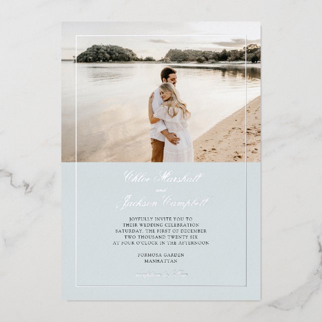 Silver Foil Dusty Blue Minimalist Elegant Wedding (Front)