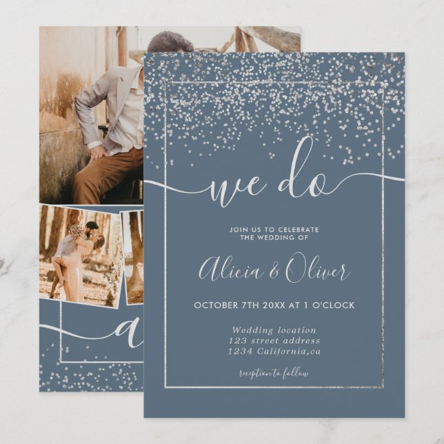 Silver foil dusty blue photo initials wedding invitation (Front/Back)