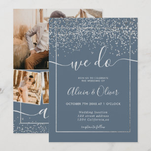 Silver foil dusty blue photo initials wedding invitation