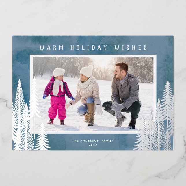 Silver Foil Evergreen Trees Blue Christmas Foil Holiday Card (Front)