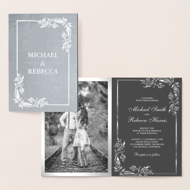 Silver Foil Floral Photo Grey Wedding Invitation (Display)