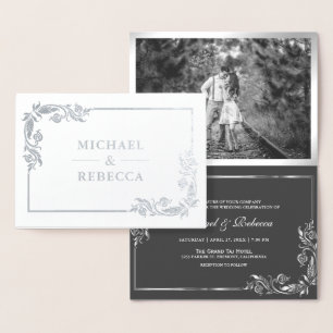 Silver Foil Floral Photo Grey Wedding Invitation
