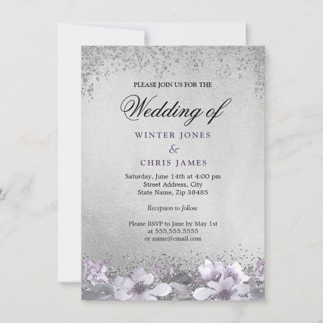 Silver Foil Floral Purple Wedding Invitation (Front)
