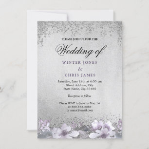 Silver Foil Floral Purple Wedding Invitation