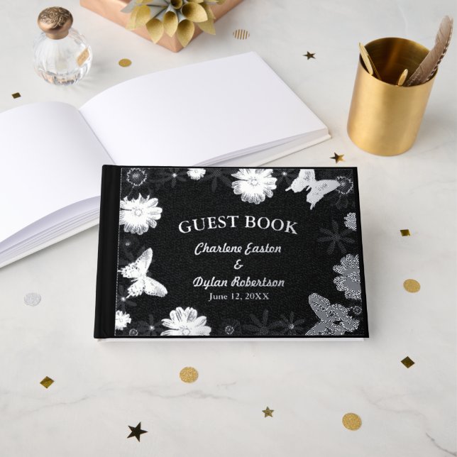 Silver Foil Flowers & Butterflies Black Wedding Guest Book (Front Open)