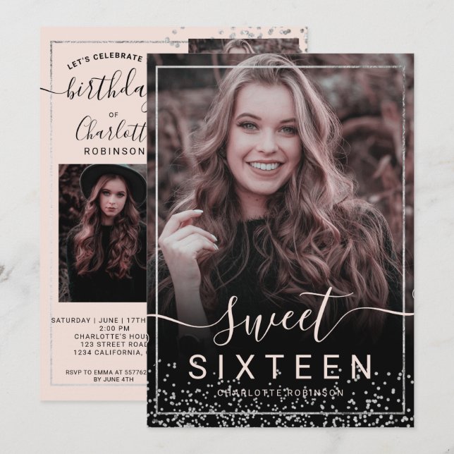 Silver foil frame confetti pink 5 photos sweet 16 invitation (Front/Back)