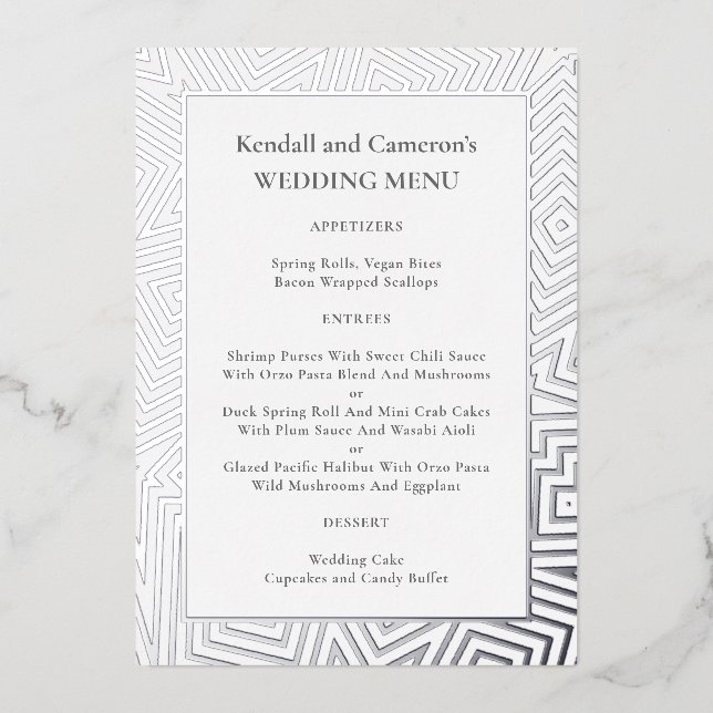 Silver Foil Geometric Border Wedding Menu Template (Front)