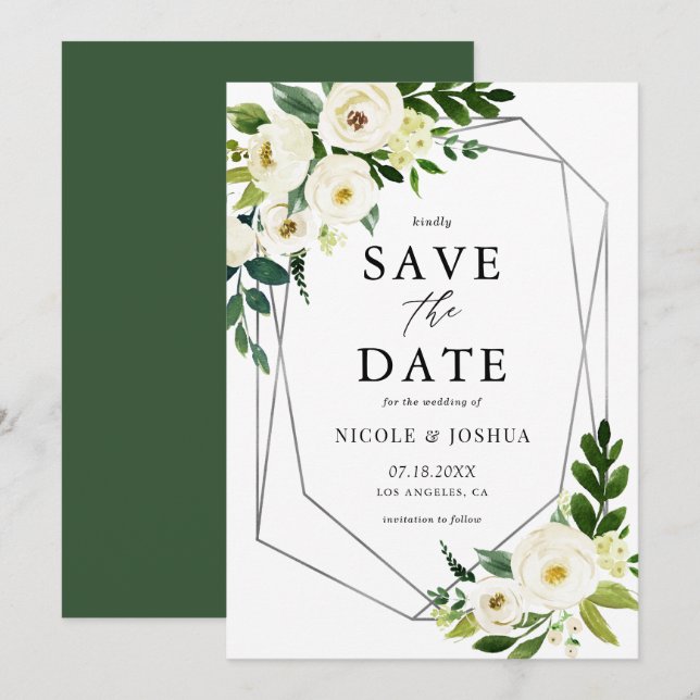 Silver Foil Geometric White Floral Frame Spring Save The Date (Front/Back)