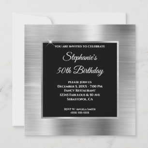 Silver Foil Glam Black Overlay 50th Birthday Invitation