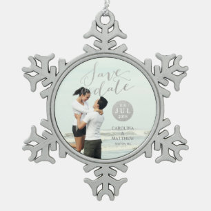 Silver Foil Glamour   Photo Save the Date Holiday Snowflake Pewter Christmas Ornament