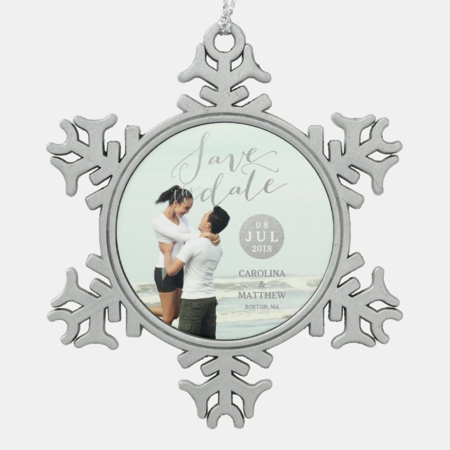 Silver Foil Glamour | Photo Save the Date Holiday Snowflake Pewter Christmas Ornament (Front)