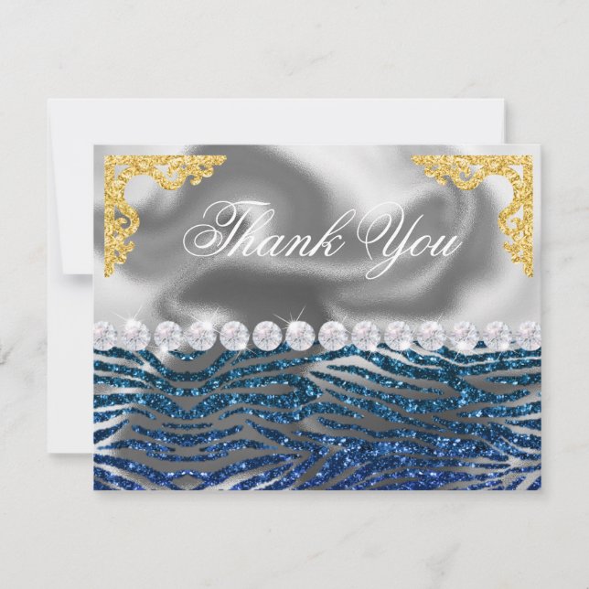 Silver Foil Gold, Dark Blue Zebra Print Birthday Thank You Card (Front)