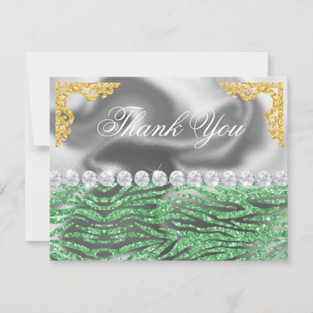 Silver Foil Gold, Light Green Zebra Print Birthday Thank You Card (Front)