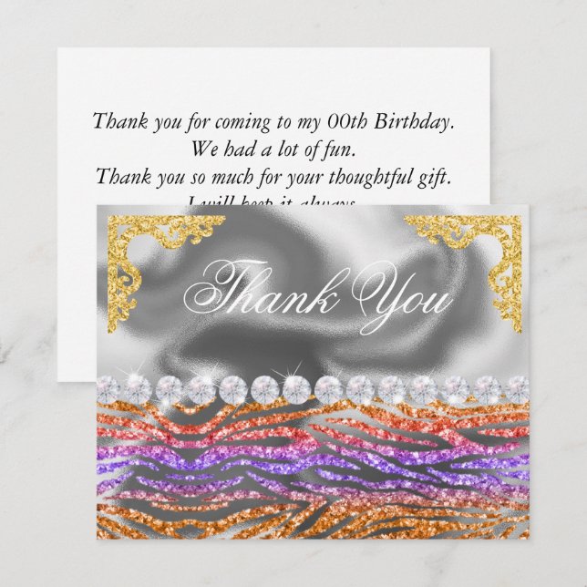 Silver Foil Gold, Orange Zebra Print Birthday Thank You Card (Front/Back)