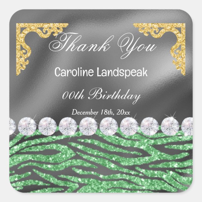 Silver Foil Green Glitter Zebra Print Birthday Square Sticker (Front)