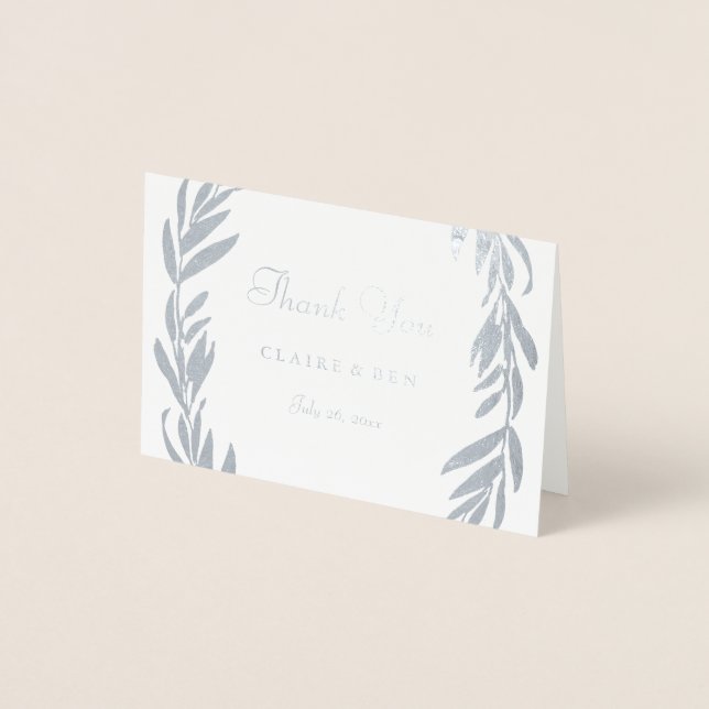 Silver Foil Grey Leaf Wreath Wedding Thank You Foil Card (Front)
