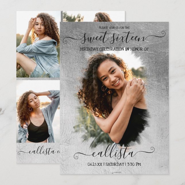 Silver Foil Halo Photo Collage Sweet 16 Invitation (Front/Back)