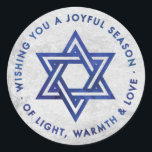 Silver Foil Hanukkah Greeting Sticker<br><div class="desc">Sticker with a silver foil effect backgroung,  with the Star of David and the Hanukkah greeting,  "Wishing you a joyful season of light,  warmth and love" in a dark blue watercolor effect. Perfect for using as favour stickers on gelt bags.</div>