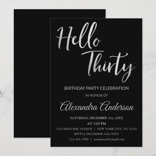 Silver Foil Hello 30 Thirty Birthday Party Invitation (Front/Back)