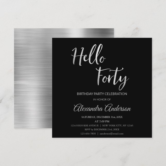 Silver Foil Hello 40 Forty Birthday Party Invitation (Front/Back)