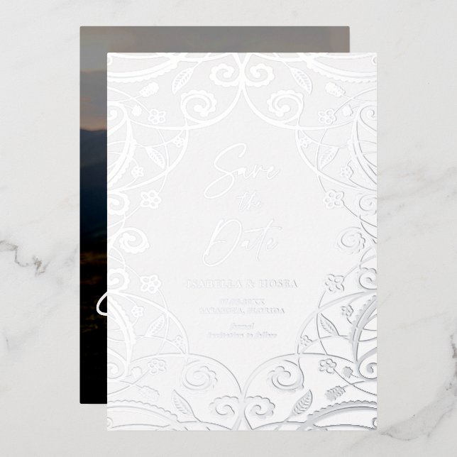 Silver Foil Lace Wedding Photo Save The Date (Front/Back)