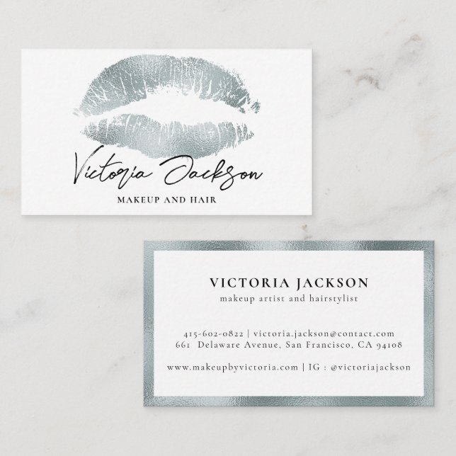 Silver Foil Lips Modern Chic Makeup Beauty White Business Card (Front/Back)