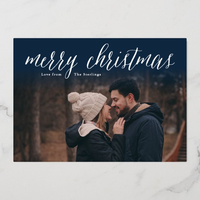 Silver Foil Merry Christmas Photo Card | Navy Blue (Front)