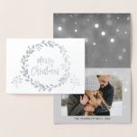 Silver Foil Merry Christmas Snow Photo Card<br><div class="desc">Silver Foil Merry Christmas Charcoal Grey Hand Lettered Script Snowflake Photo Card. The photo and text of this Christmas Card can be updated and customised with your photo and name. This card displays your name on the inside of the Silver Foil Christmas Card.</div>